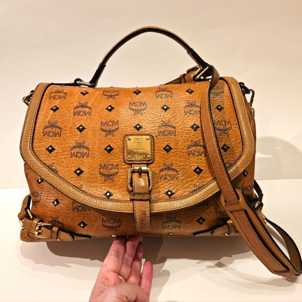 MCM Cognac Visetos Leather Top Handle Bag
